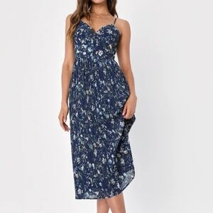 Navy floral print pleated midi dress